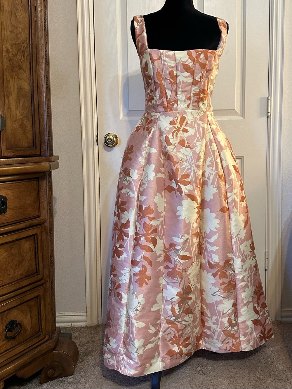 BHLDN Pink Floral Square Neck Lace Up Fit & Flare Midi Dress L - Picture 2 of 16